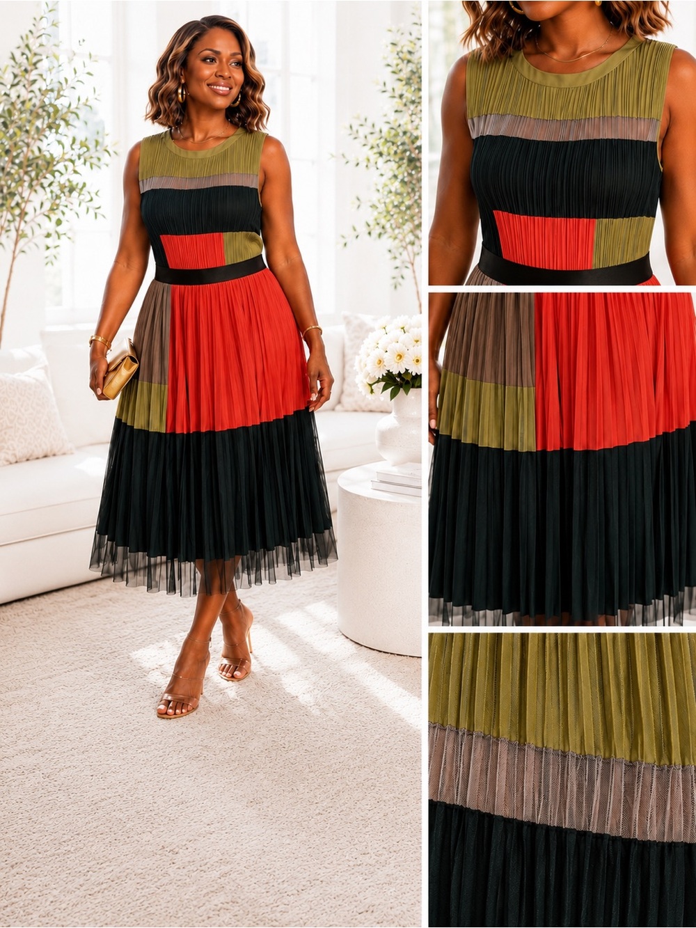 BCBGMAXAZRIA Colorblock Pleated Midi Dress | Size L